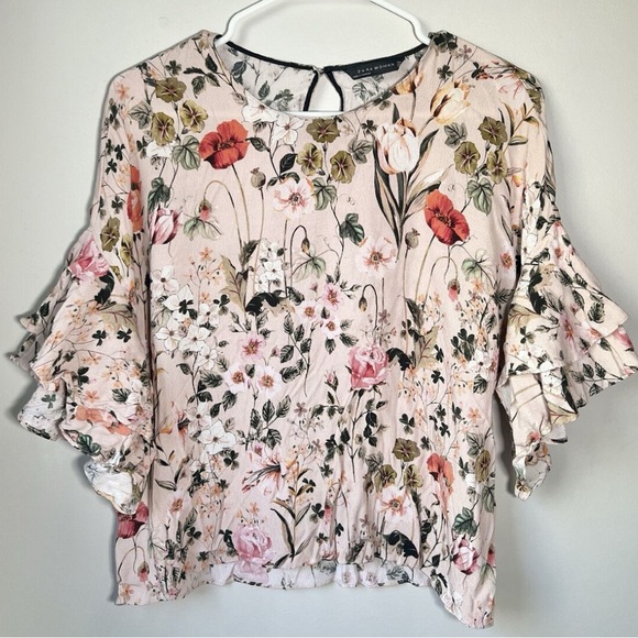 Zara Floral Short Sleeve Top Size Small Blush Color Layered Ruffle Sleeves - Picture 1 of 7